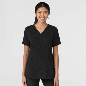 Wink Women's Fitted 3-Pocket V-Neck Print Scrub Top - Jacquard Floral Black